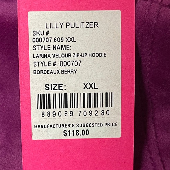 Lilly Pulitzer Larina Velour Zip Hoodie Raspberry/Hot Pink Fits XL- XXL. NWT. - Picture 4 of 7